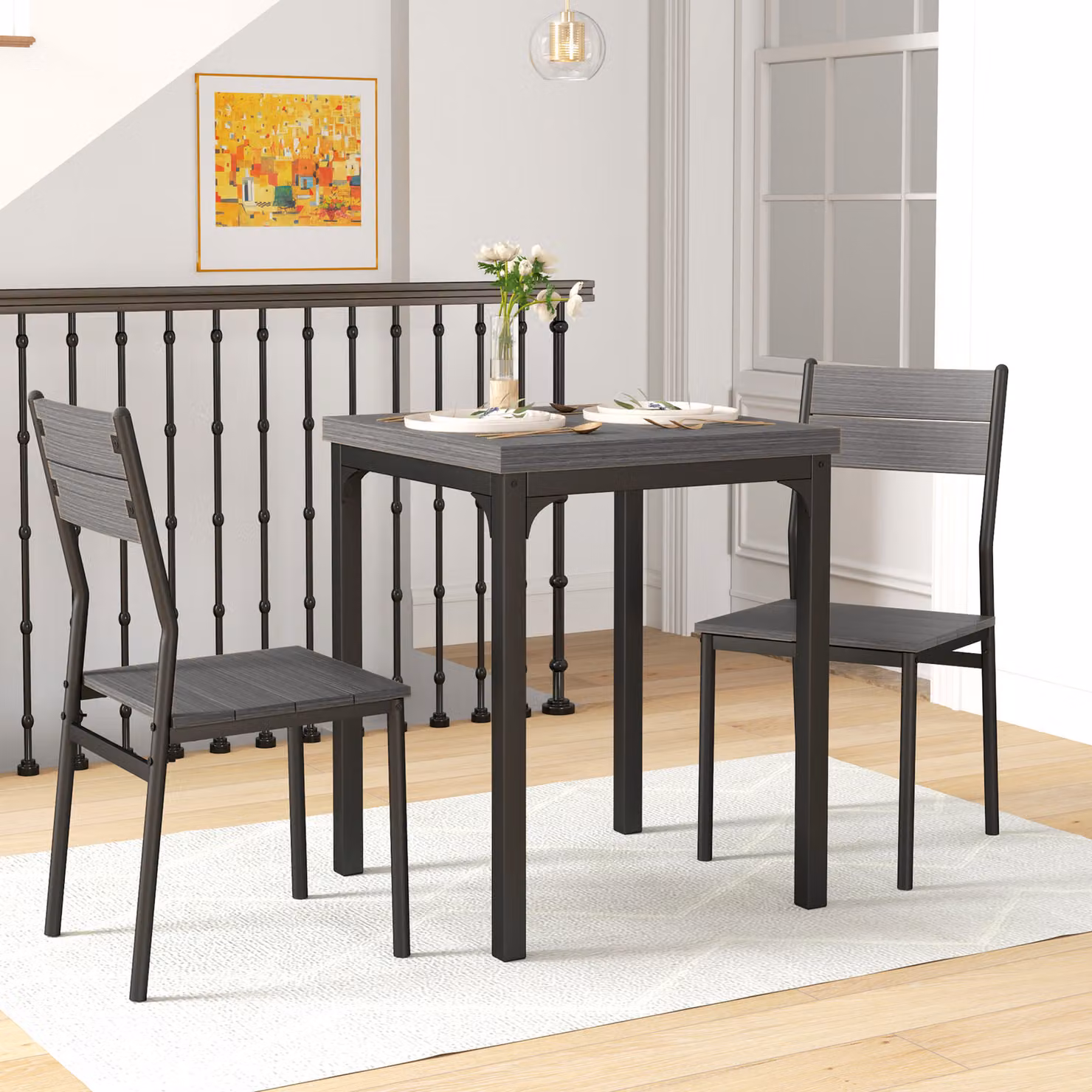HOMCOM Three-Piece Minimalist Dining Set in Grey Wood Grain with Square Table and Three Chairs – 5