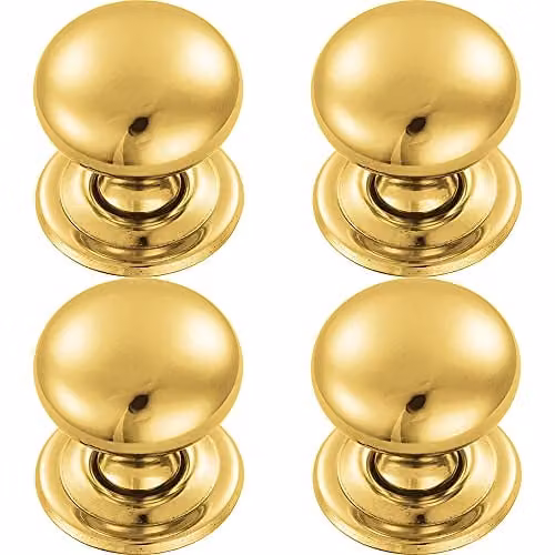 Loops 4 Pack Round Victorian Cupboard Door Knobs in Polished Brass, Diameter: 32 mm