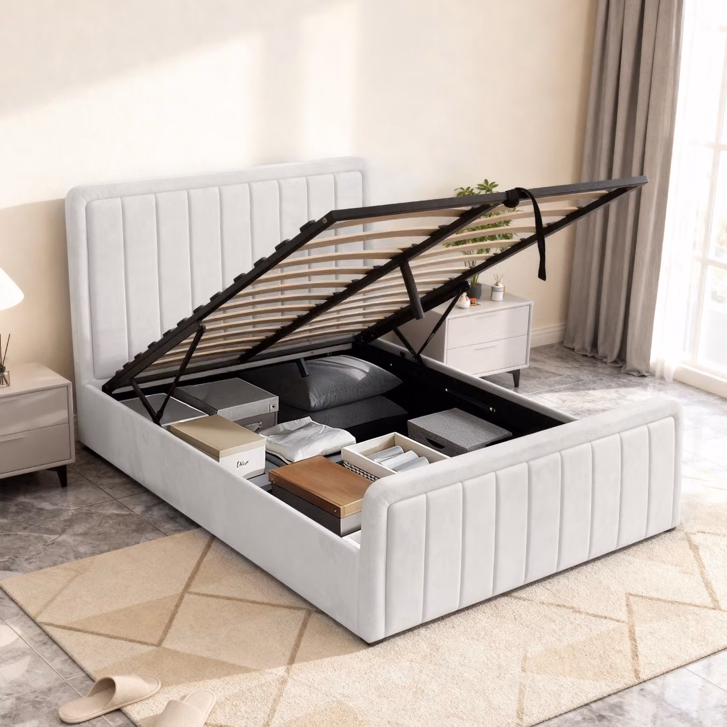 Comfy Living Modern White Velvet Upholstered Ottoman Bed Frame with Lift Up Base, W/D/H: 140 x 200 cm – 2