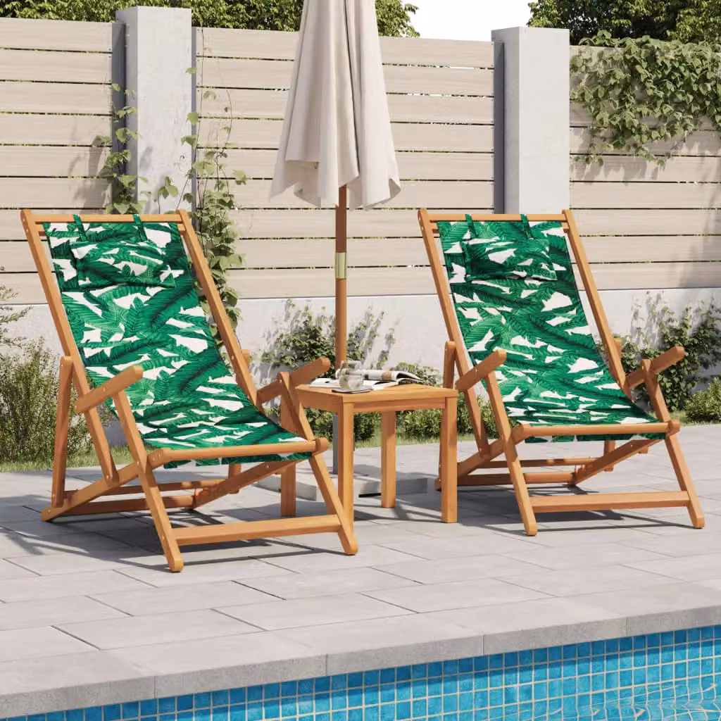 Berkfield Home Set of 2 Folding Beach Chairs with Green Leaf Pattern Fabric and Treated Solid Wood Frame – 2