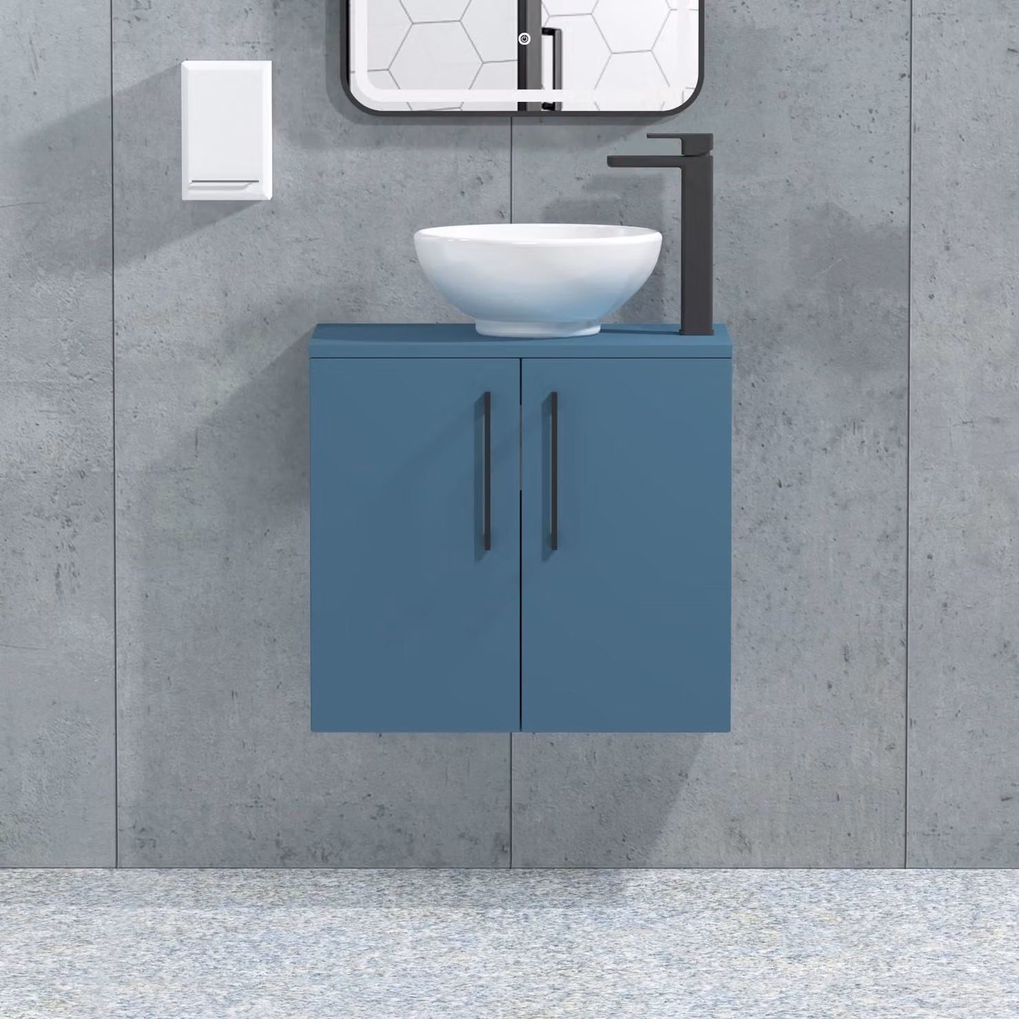 Royal Bathrooms Modena 800mm Wall Hung Vanity Unit in Satin Blue with 2 Doors, Matt Black Handles and Countertop Basin