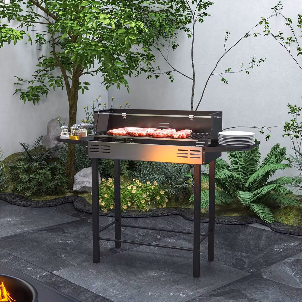 Rolipo Black Charcoal BBQ Rotisserie Grill Roaster with Side Shelves and Cart – 4
