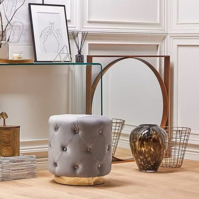 Wyld and Coco Grey Velvet Cylindrical Tufted Pouffe with Gold Metal Base, W/D/H: 40 x 41 x 40 cm