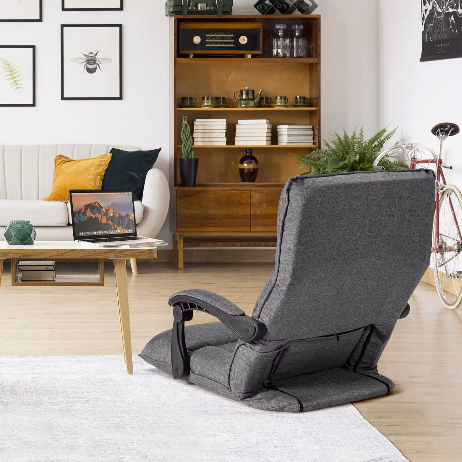 Costway Adjustable Grey Fabric Gaming Floor Chair with Armrests and Headrest – 3