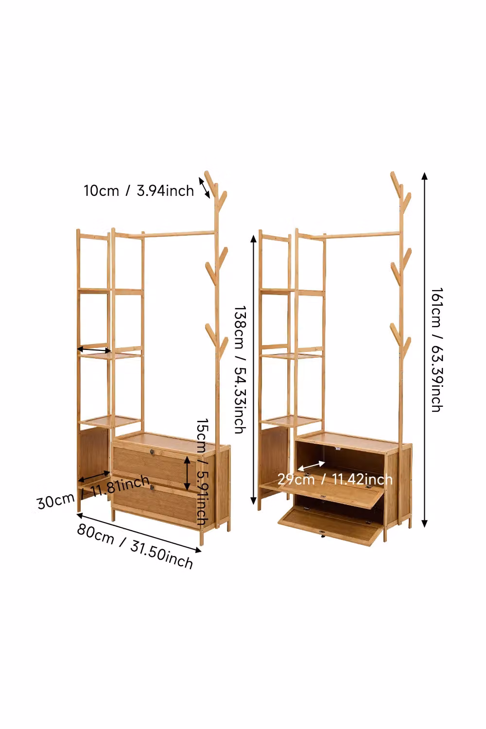 Living and Home Freestanding Bamboo Clothes Rack with Storage Shelves in Natural Brown – 3