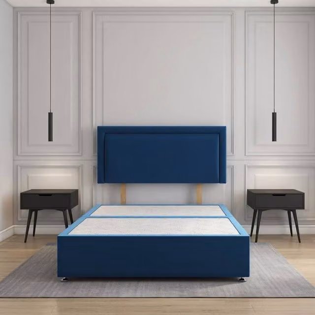 Regional Furnishings Luxury Divan Bed Base with 24 inch Headboard in Blue Plush Velvet, Super King, W/D/H: 200 x 200 cm