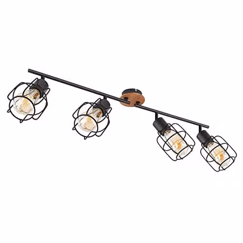Globo Lighting Industrial Ceiling Bar Spotlight in Black and Wood, 4-Bulb E27, W: 80 cm