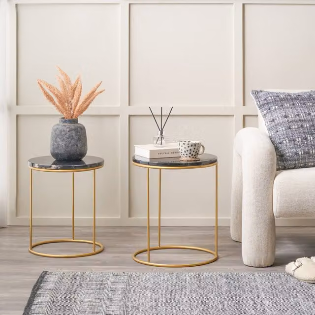 Pacific Lifestyle Milly Set of 2 Modern Round Side Tables with Black Marble and Gold Metal Tops