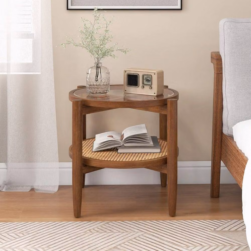 Kelvenix Mid-Century Round 2-Tier Side Table in Brown with Acacia Wood and Glass – 3