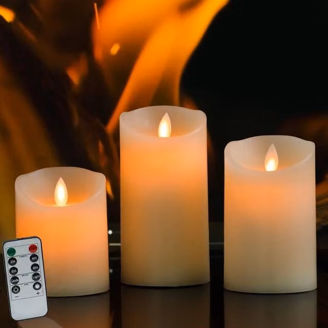 VOGREX Set of 3 White Real Wax Pillar LED Candles with Remote Control and Flickering Effect – 1