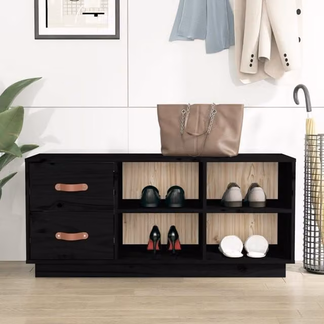 Berkfield Home Black Solid Wood Pine Shoe Bench, W: 100 cm, D: 34 cm, H: 45 cm