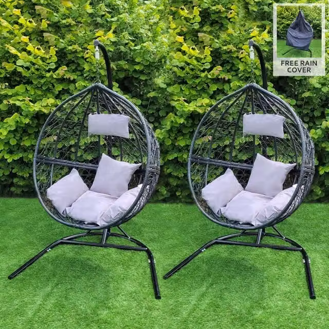 Jardi Set of 2 Modern Black Rattan Egg Chairs