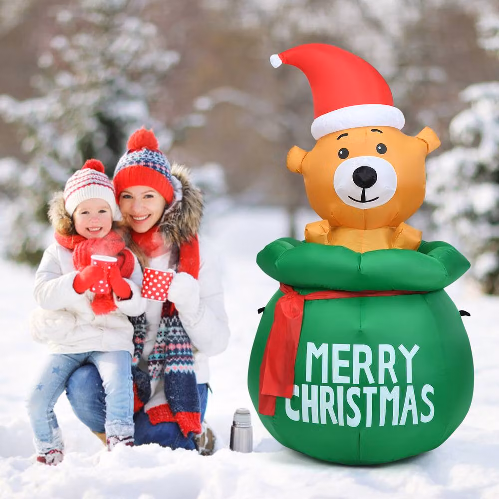 Gymax Inflatable Green Christmas Bear Decoration with LED Lights, Height: 150 cm – 3