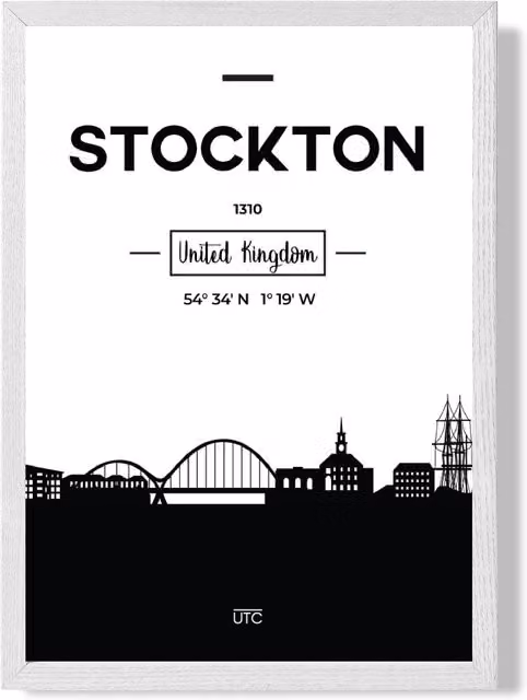 ARTZE Stockton Black and White City Skyline Framed Print in White Frame, A3