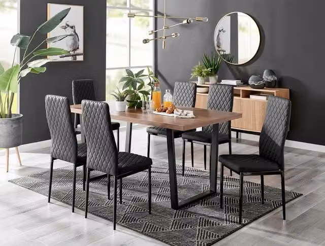 FurnitureboxUK Kylo Brown Wood Effect Dining Table and 6 Milan Black Leg Faux Leather Chairs