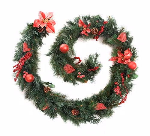 Best Artificial 9ft Red Decorated Christmas Garland with Foliage and Baubles