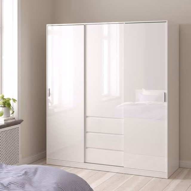 Furniture To Go Naia 3-Door White Glossy Wardrobe with Integrated Drawers and Hanging Rod