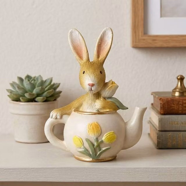 Garden Greatness Springtime Rabbit In Teapot Multicolour Resin Ornament