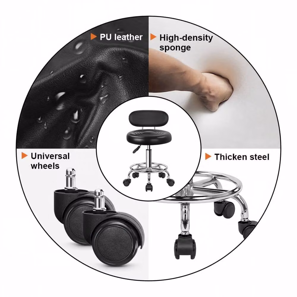 KKTONER Stylish Rolling Stool with Low Back and Height Adjustable Footrest in Black – 2