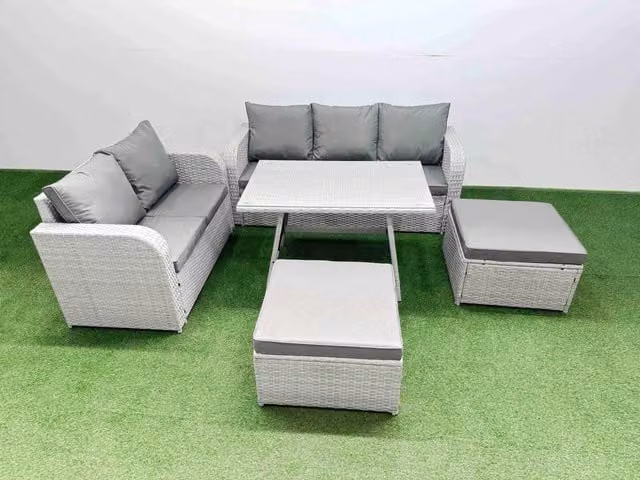 Fimous Modern Rectangular Dining Table and Sofa Set with 2 Large Stools in Light Grey