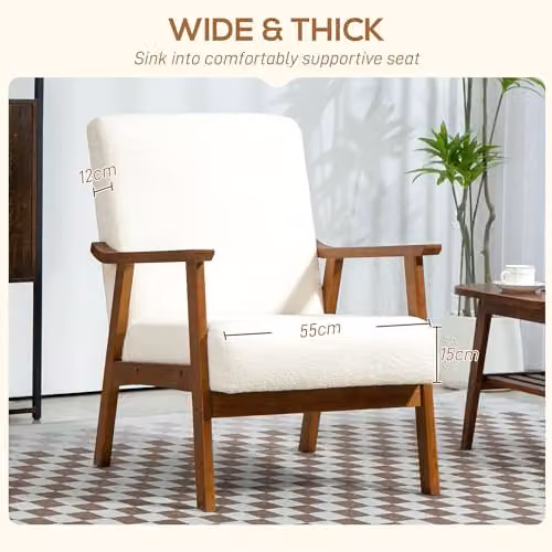 HOMCOM Mid-Century Boucle Accent Armchair with Solid Wood Frame in White – 4