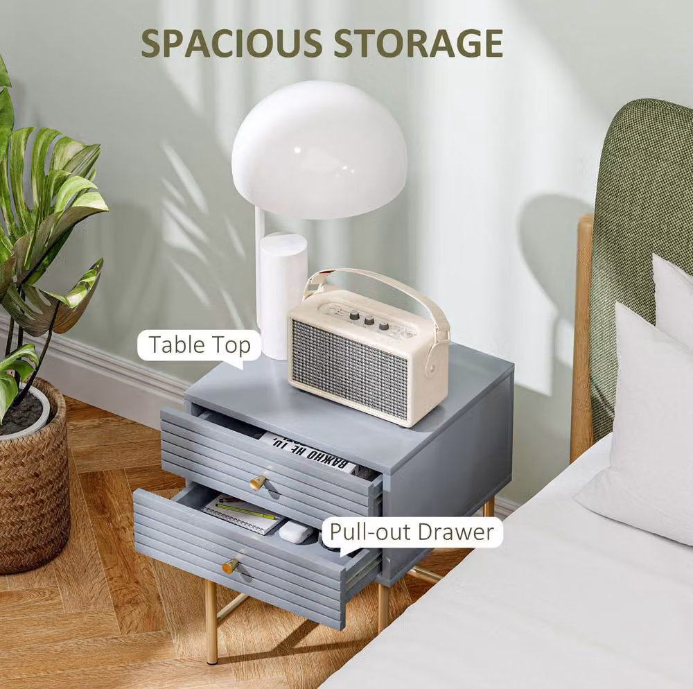STILVORA Set of 2 Grey Bedside Tables with 2 Drawers and Gold Accents – 3