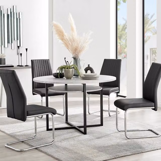 FurnitureboxUK Adley Grey Concrete Effect Round Dining Table and 4 Black Lorenzo Faux Leather Chairs – 1