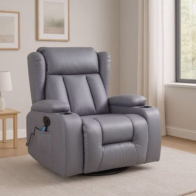 LUXURY LIFE Carrington Grey Leather Recliner Armchair with 10-in-1 Massage and Heat Functions, W/D/H: 104 x 90 x 96 cm