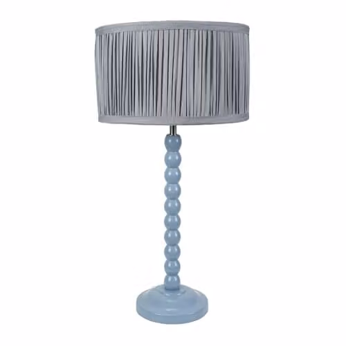 ValueLights Powder Blue Bobbin Stem Table Lamp with Ruched Pleated Fabric Shade and LED Bulb