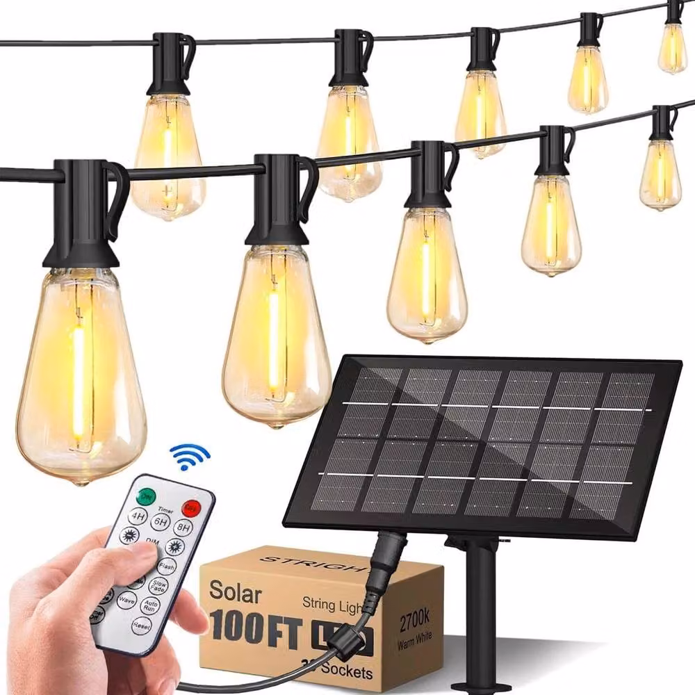NESTLUNE 30m Solar LED Garden Bulb String Lights in Black with Warm White Glass Bulbs – 5