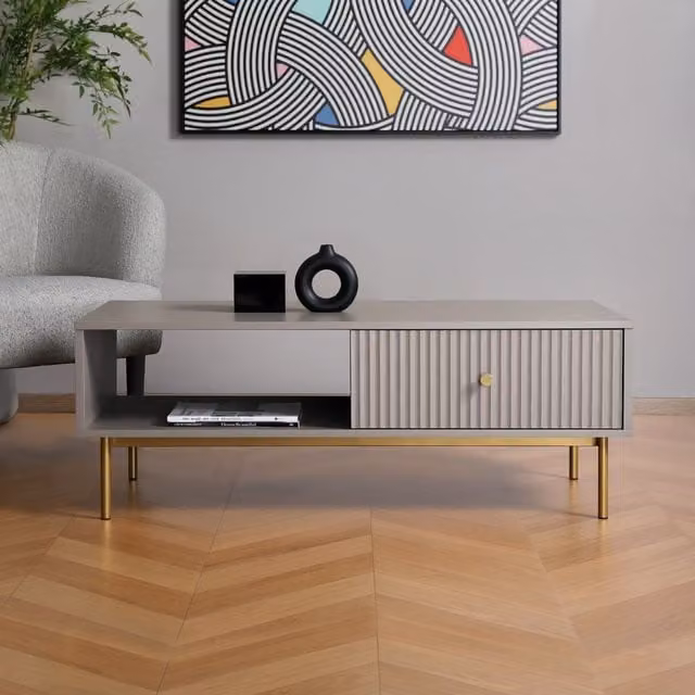 Home Garden Direct Devon Rectangular Coffee Table with Drawer in Grey Matt MDF Laminate and Metal