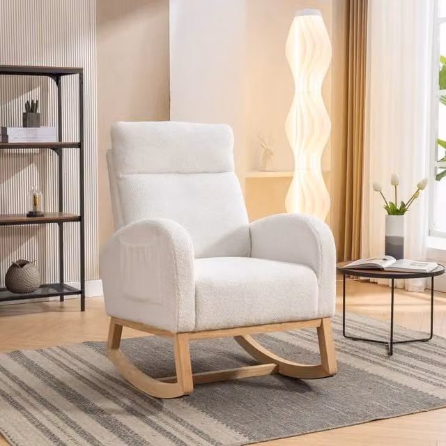Direct Wicker Mid Century Modern Teddy Bouclé Fabric Upholstered Rocking Chair in Beige – 1