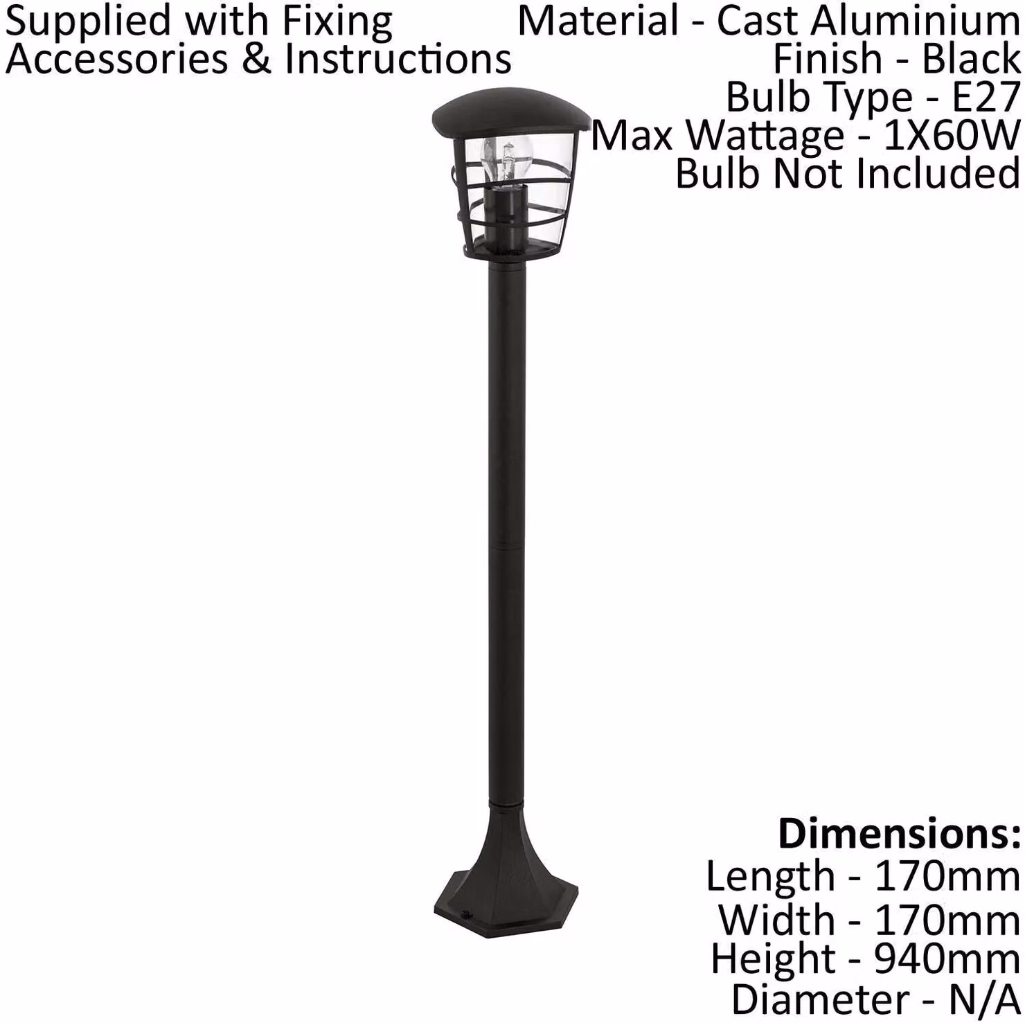 Loops Black Aluminium IP44 Outdoor Bollard Lantern with Glass Shade for E27 60W Bulbs – 2