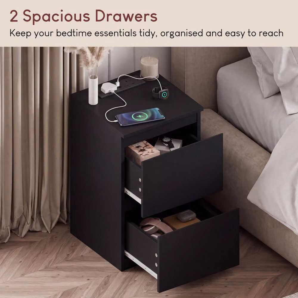 Vida Designs Denver Set of 2 Black 2 Drawer Bedside Chests with Power Outlet – 4