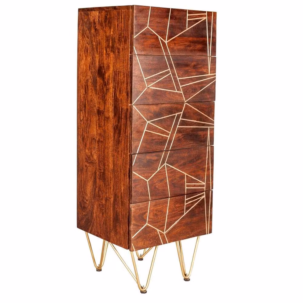 Wyld Haus Bandung 5 Drawer Tall Chest in Brown Mango Wood and Gold – 2