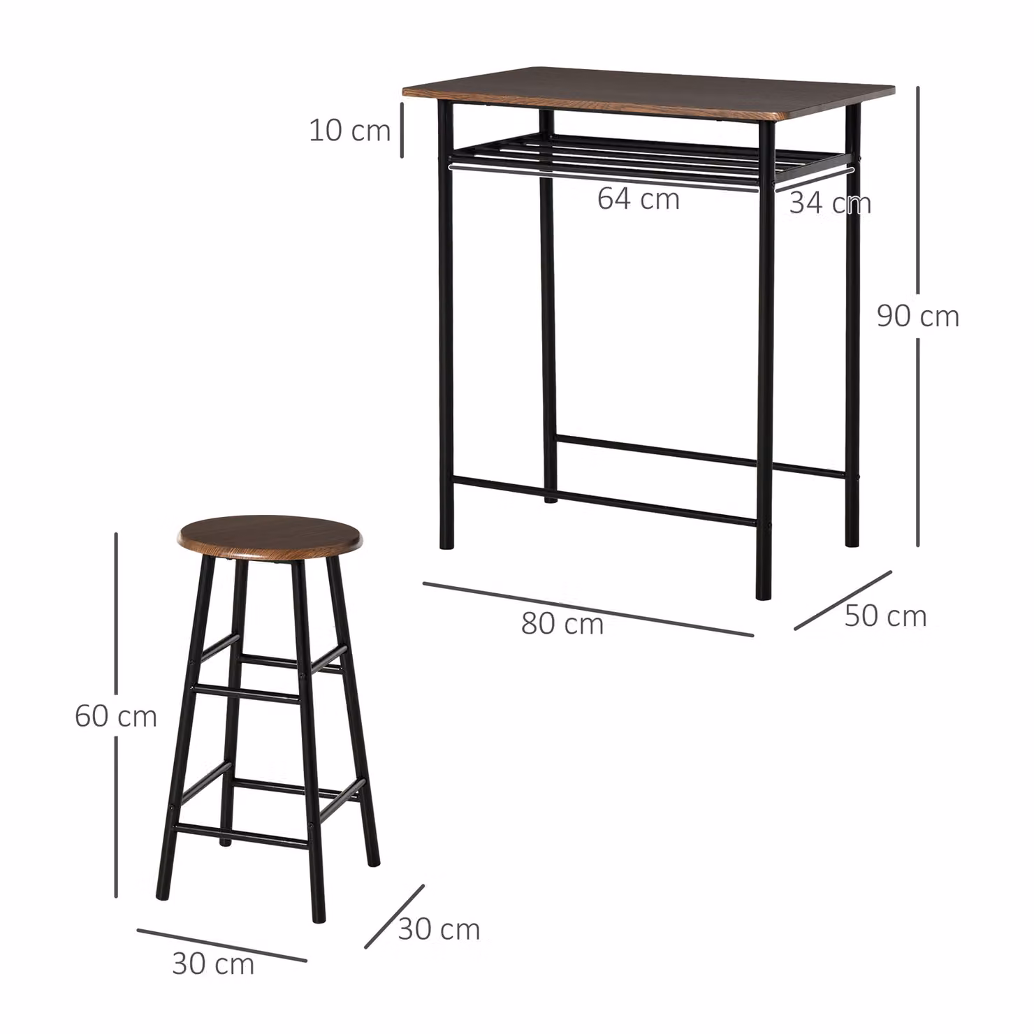 HOMCOM Bar Table and Stools Set with Metal Frame, Footrest and Storage Shelf in Black and Oak – 3