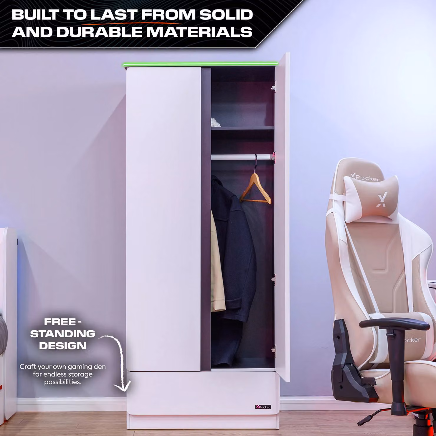 X Rocker Carbon-Tek 2 Door Wardrobe with Drawer and Integrated LED Lighting in White – 5