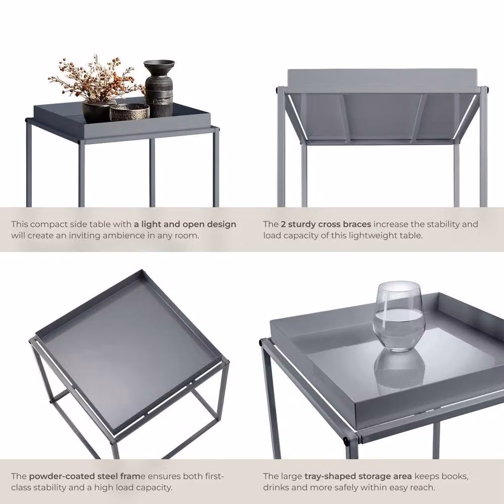 tectake Cambridge Bedside Table with Tray-Shaped Shelf in Grey, W/D/H: 40 x 40 x 44 cm – 4