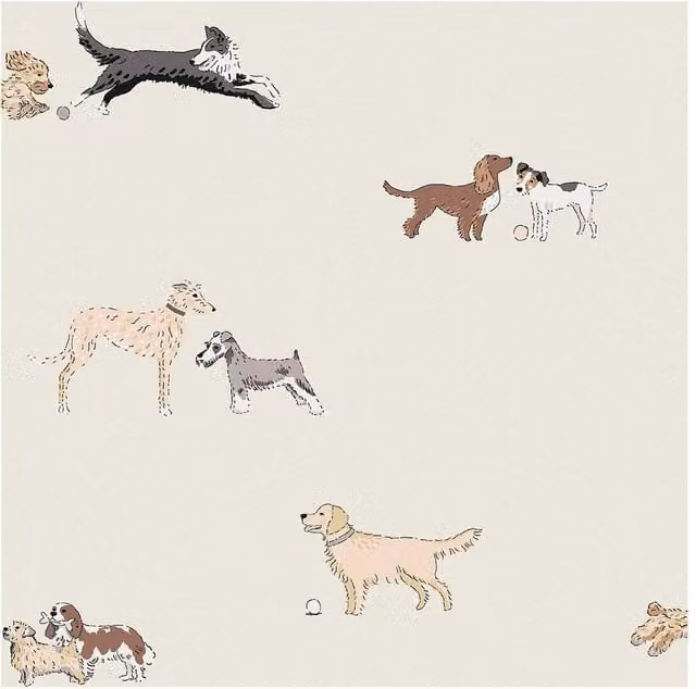 Sophie Allport Doggy Daycare Off-White Animal Print Wallpaper in White and Multicolour, W: 52 cm, H: 1000 cm