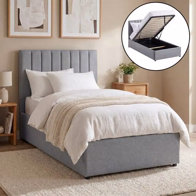 Vida Designs Vellaro Ottoman Fabric Bed with Mattress, Grey, W/D/H: 90 x 190 x 211 cm