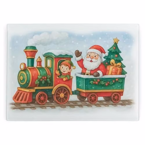 Purely Home Santa's Toy Train Glass Worktop Protector, Multicolour, W: 39 cm x D: 28.5 cm
