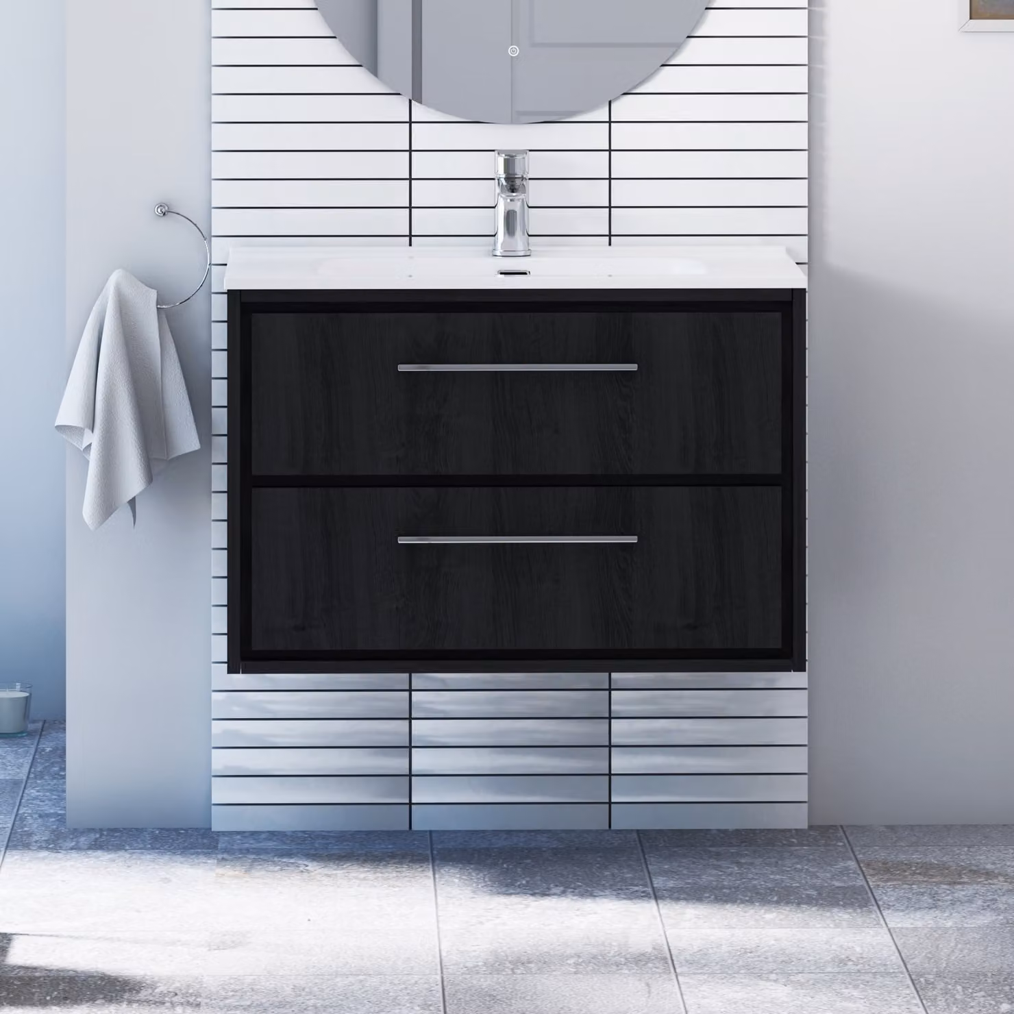 Royal Bathrooms Livora 800mm Black Woodgrain Wall Hung Vanity Unit with 2 Drawers and Ceramic Basin