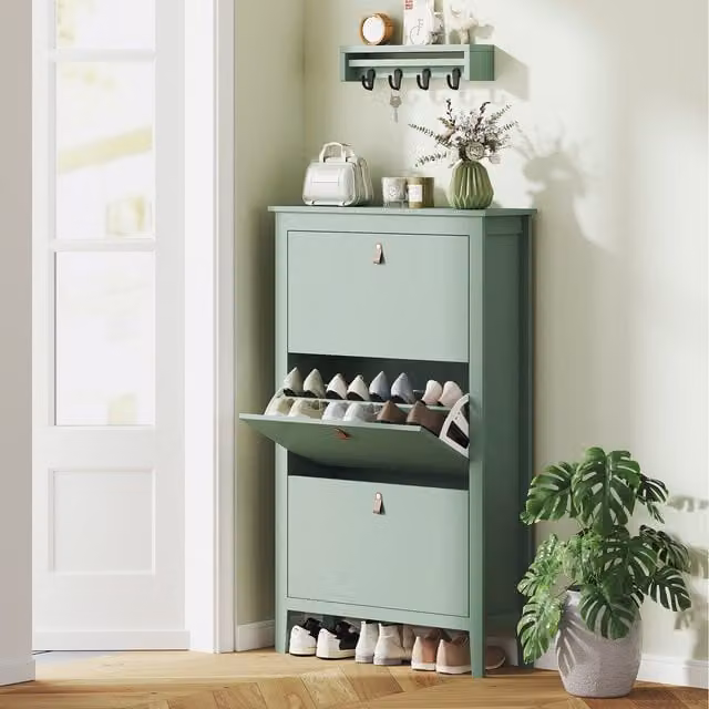 HOMCOM Modern Green Shoe Cabinet with Tilting Compartments for Hallway and Entryway, W: 80 cm, H: 131 cm