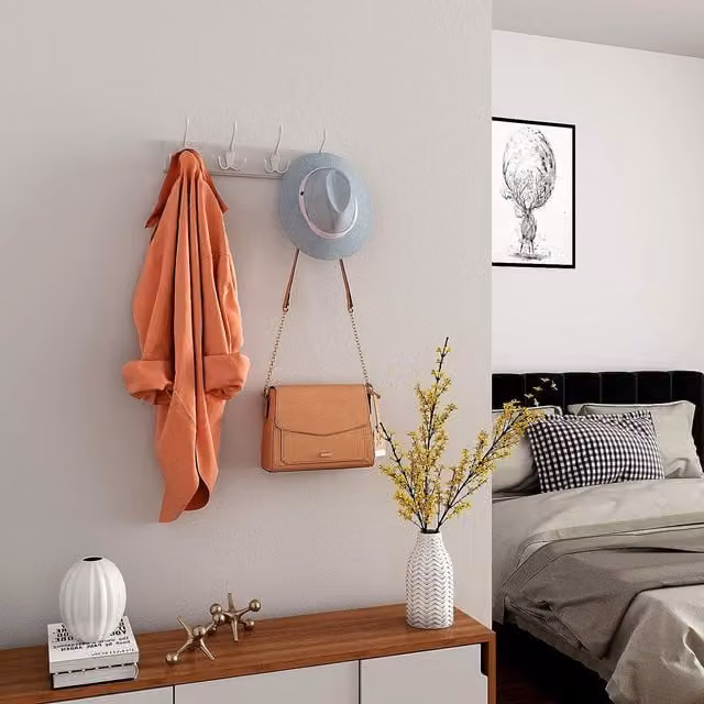 SONGMICS Wall Mounted Coat Hook with 4 Tri-Hooks Bag Rack in White
