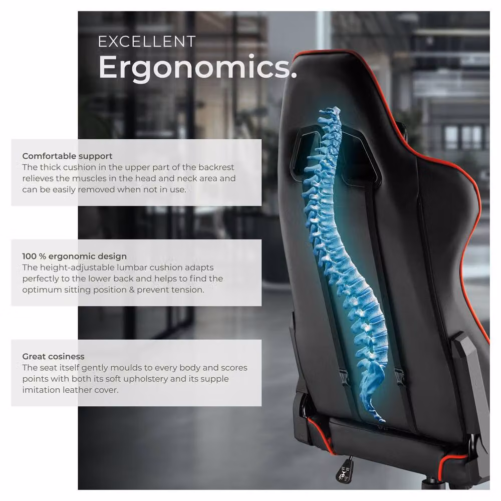 tectake Stealth Gaming Chair in Red and Black with Synthetic Leather and Headrest – 4