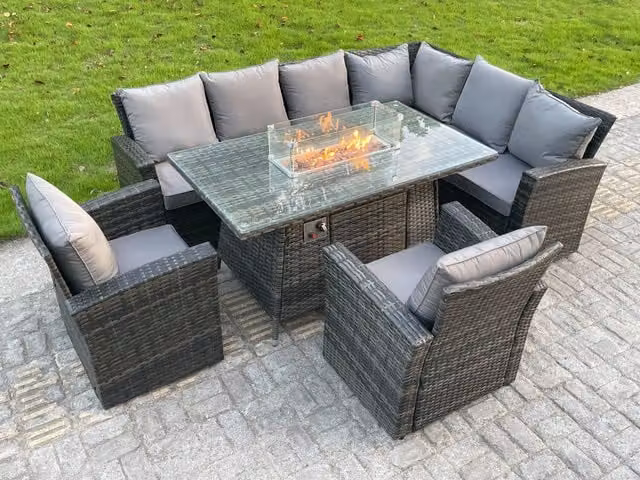 Fimous 8 Seater Rattan Corner Sofa Set with Gas Fire Pit Dining Table and Armchairs in Dark Grey – 1