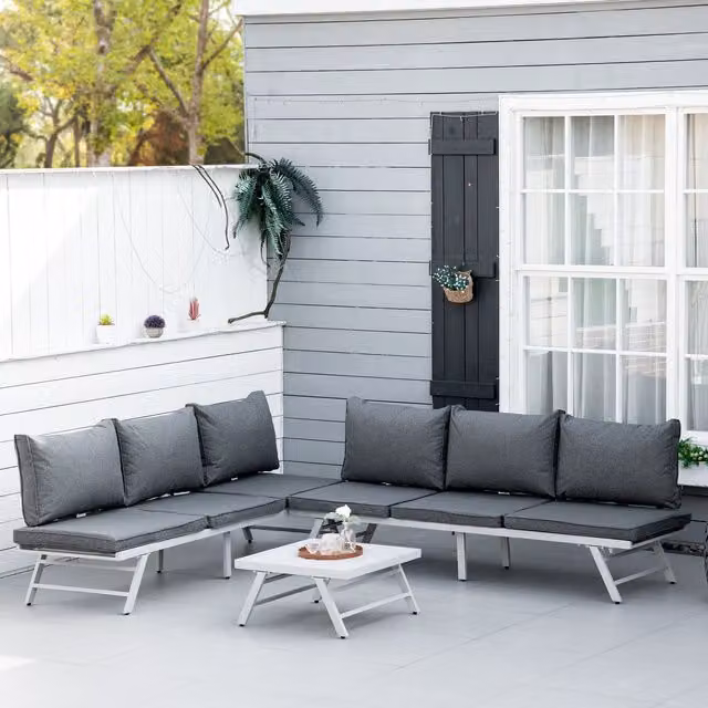 OUTSUNNY 3 Piece Grey Metal Garden Seating Set with Sofa and Lounge Table – 1