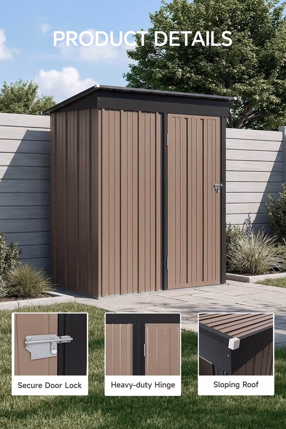 Garden Sanctuary Pent Metal Garden Storage Shed in Brown and Black, W/D/H: 91.44 x 152.4 x 181.0 cm – 2