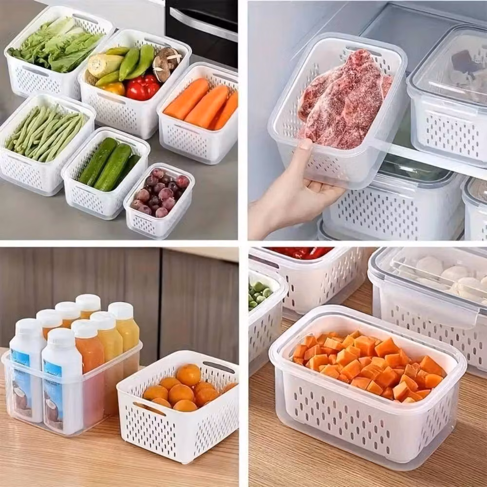 FORGEVIO 3-Piece Plastic Fruit Storage Container Set with Snap Lids in Grey, Blue and White – 2