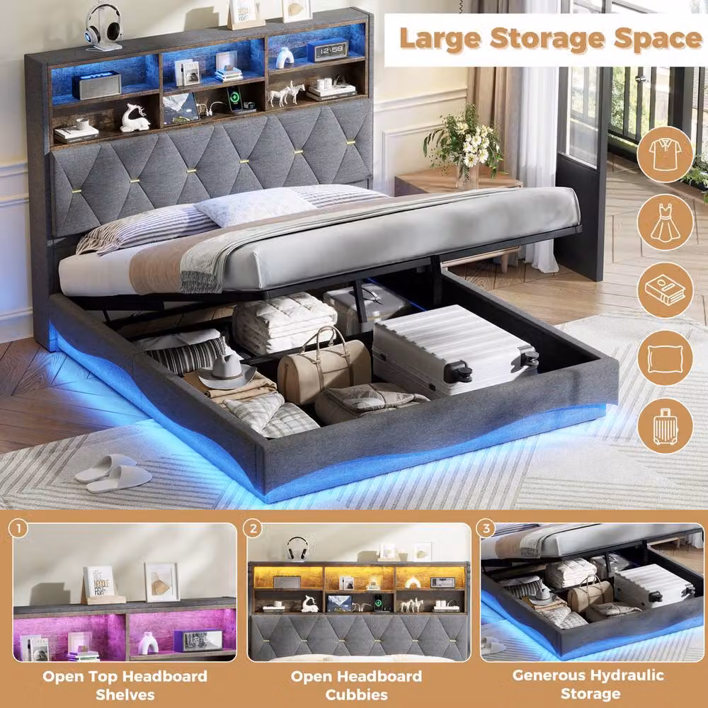 STILVORA King Size Upholstered Bed Frame in Grey with Hydraulic Storage, LED Lighting and USB Charging Port, W/D/H: 180 x 200 cm – 5
